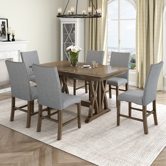 TOPMAx Mid- Century Solid Wood 7- Piece Dining Table Set Extendable Kitchen Table Set With Upholstered Chairs And 12  Leaf For 6  Golden Brown Gray Cushion