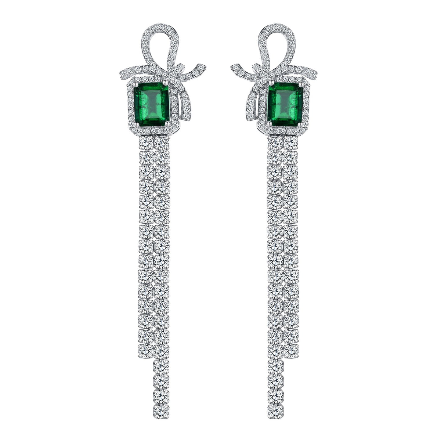S925 Sterling Silver Bow Tassel Dangle Earrings, 8x6mm Lab-Grown Ruby & Emerald, Platinum Plated 8.1g Women's Luxury Jewelry Gift Box