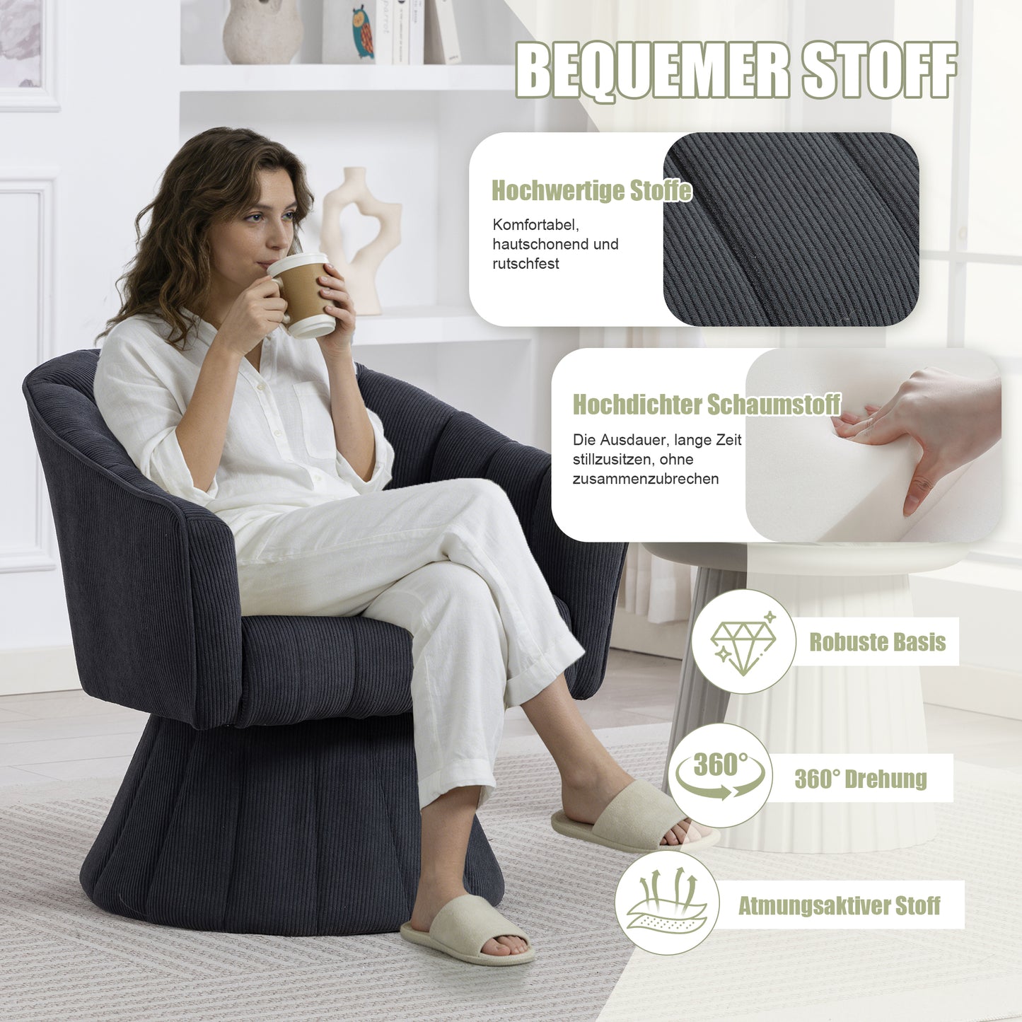 Elegant 360 Swivel Chair With Ergonomically Shaped Seat And Back Upholstery, Enveloping Armrests As Well As A Modern Design And Stable Base, Perfect For The Office, Living Room Or Home Office.