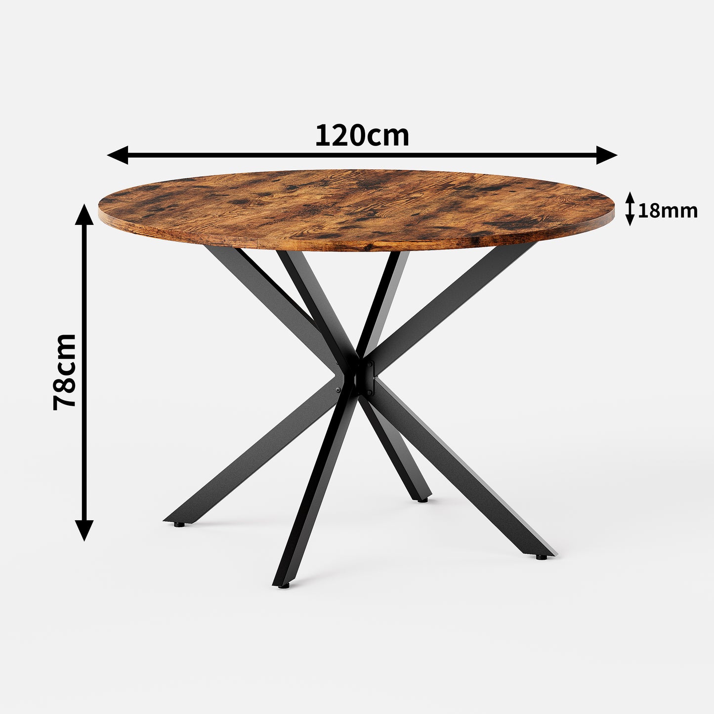 Round Dining Table Industrial Style  120 Cm Generous With X-feet Vintage Brown-black Kitchen Living Room