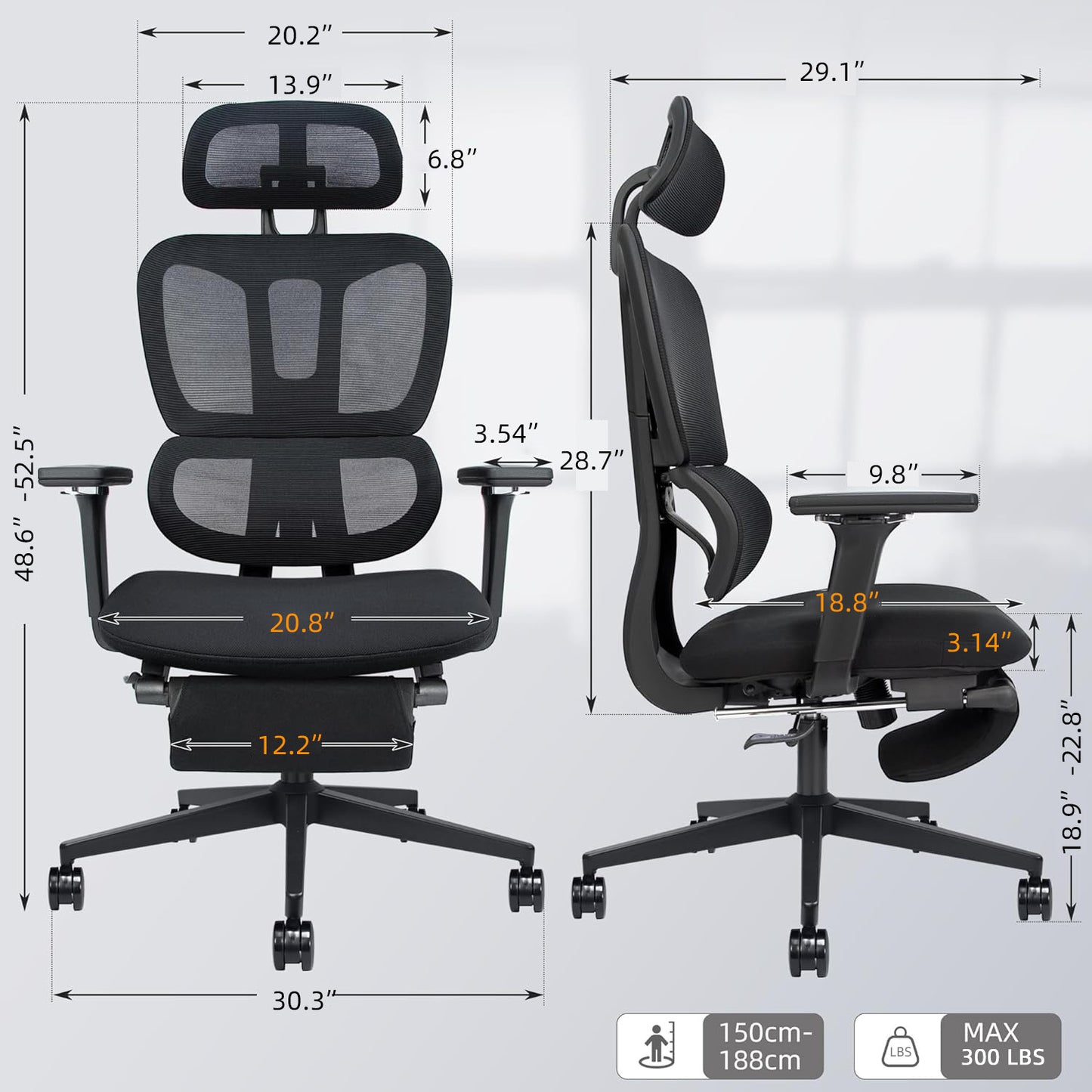 Ergonomic Office Chair With Footrest, High-back Computer Chair With Dynamic Lumbar Support, 2D Headrest & 4D Armrests, Sponge Cushion & Mesh Back, Home Office Chair For Adults, Black.
