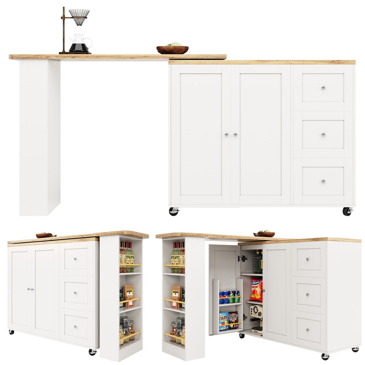 360 Swivel Bar Table  135-203 X 39 X 106cm On Wheels, White, With Three Drawers. Comes With Snack Holder. Multifunctional Storage Island, Suitable For Kitchen And Living Room.