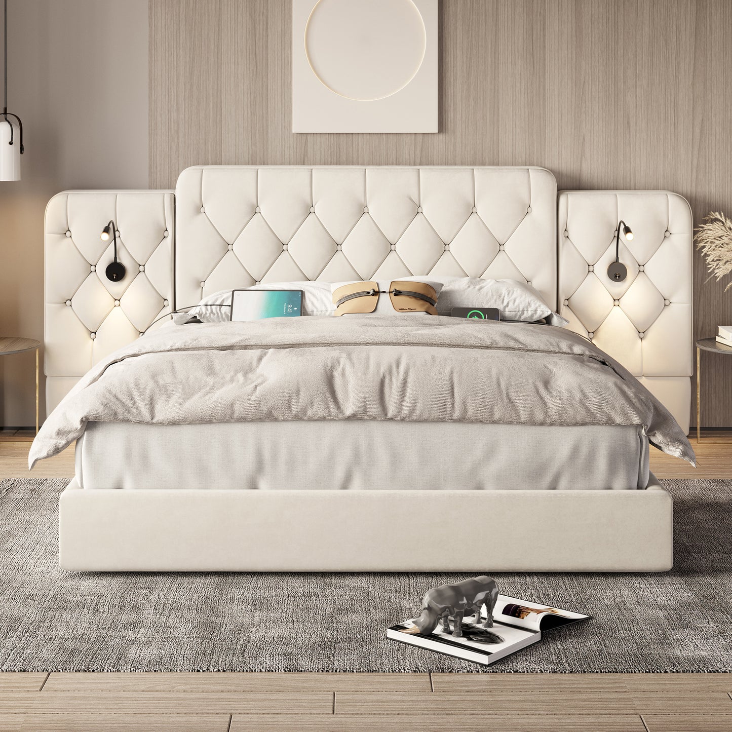 Old SKU W1880S00074 Bed Frame With Long Headboard, Fashionable Velvet Material, Multiple USB Ports, Desk Lamp, Hydraulic System, Extra Large Storage Space At The Bottom, 160 X 200 Cm,Beige