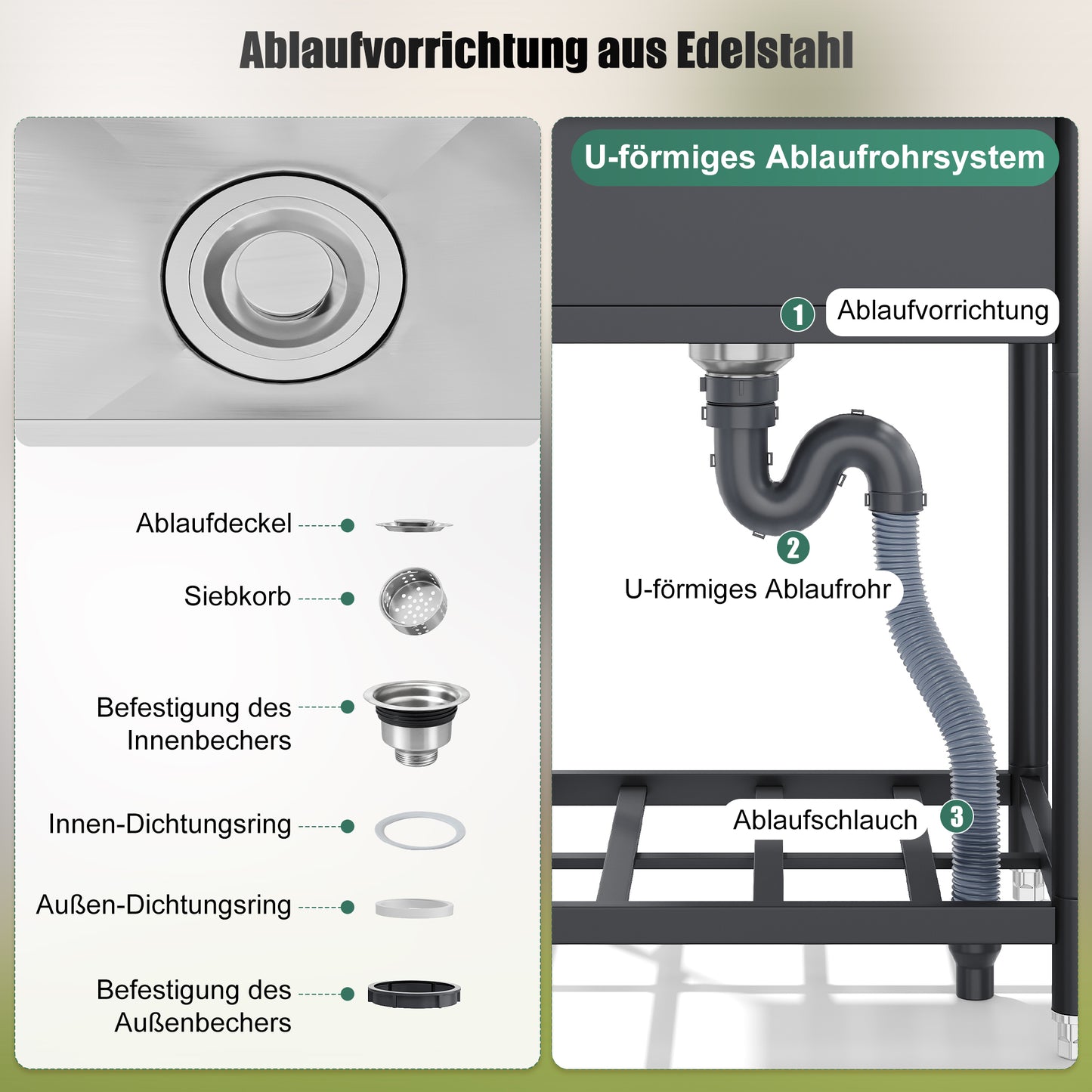 Freistehing Stainless Steel Sink For The Outdoors, 60x60cm, With Faucet And Drain, Including Storage, Generous One-piece Design, Suitable For Kitchen, Garden, Workshop And Commercial Purposes.