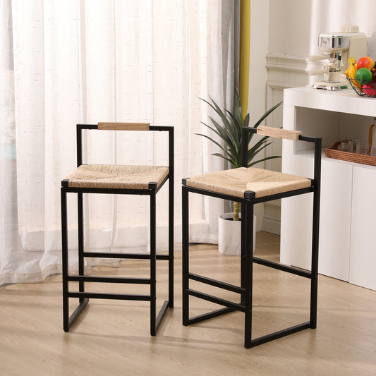 Set Of 2 Bar Stools With Back  Paper Rope Woven Counter Height Dining Chairs For Kitchen, Home  Paper Rope With Back