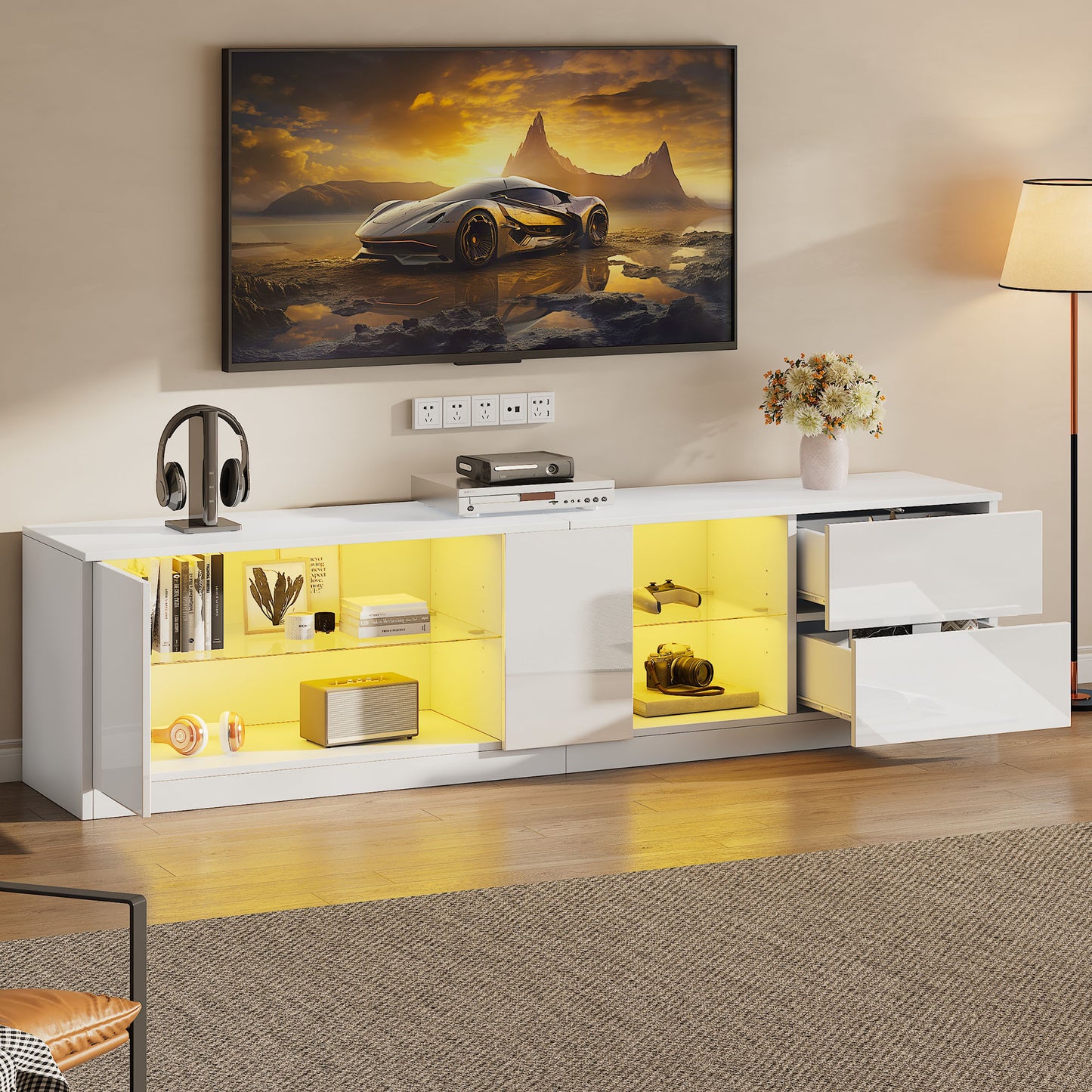 160 X 40 X 52 Cm TV Stand, High-gloss Chest Of Drawers, Sideboards With LED Lighting, Lowboards Suitable For 65in TVs, Suitable For Living Room And Bedroom