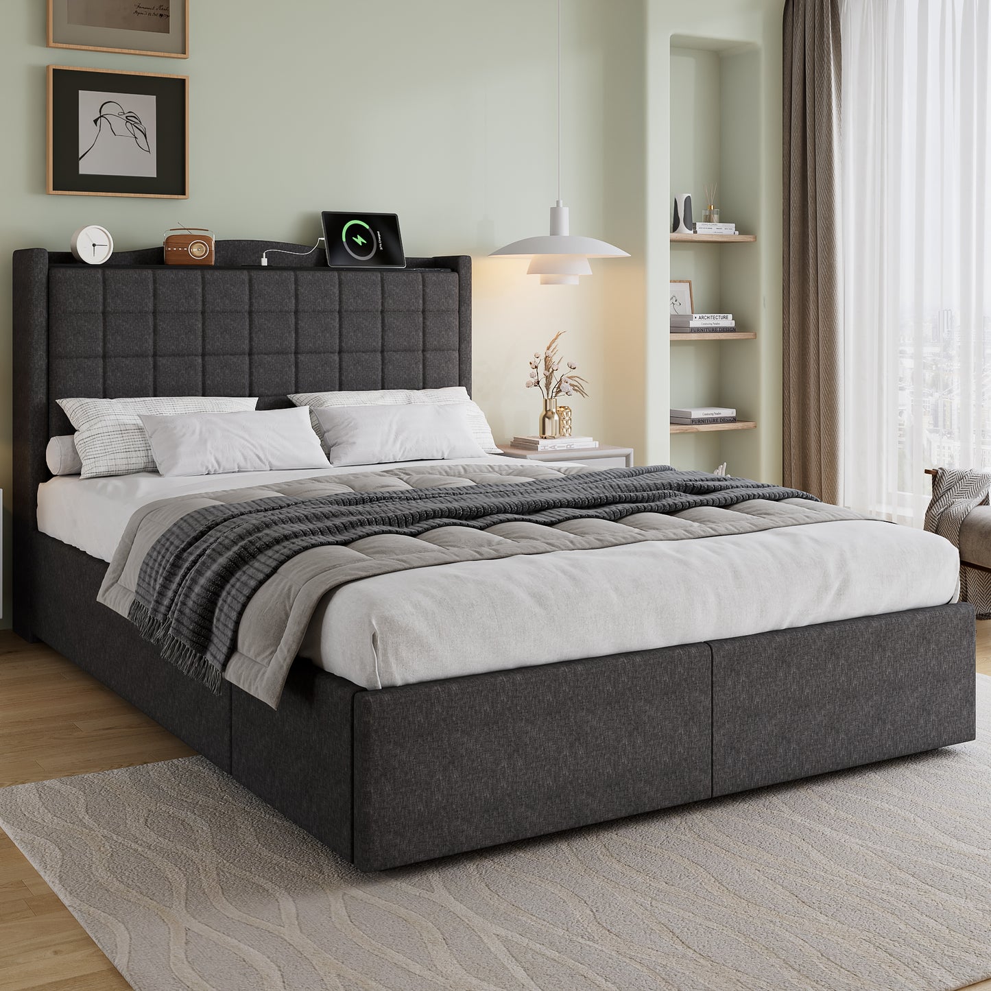 Upholstered Bed, 4ft6 Double Bed 135x190cm, Storage Bed, Soft Backrest, 4 Drawers With Pulleys, Metal Under-bed Bracket, With Bed Slats, Charging Port,For Adults & Teenagers, Linen, Grey   No Mattress