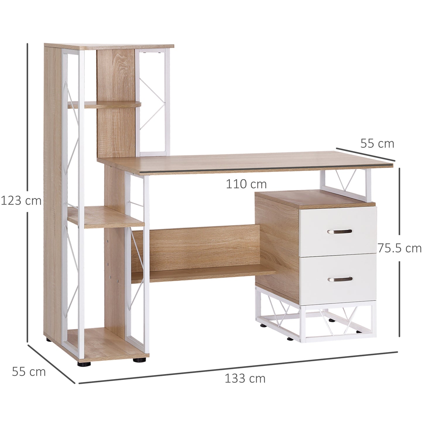 Computer Desk With Drawers And Bookshelf, Writing Desk For Home Office With Storage Shelves, Study Workstation, Oak