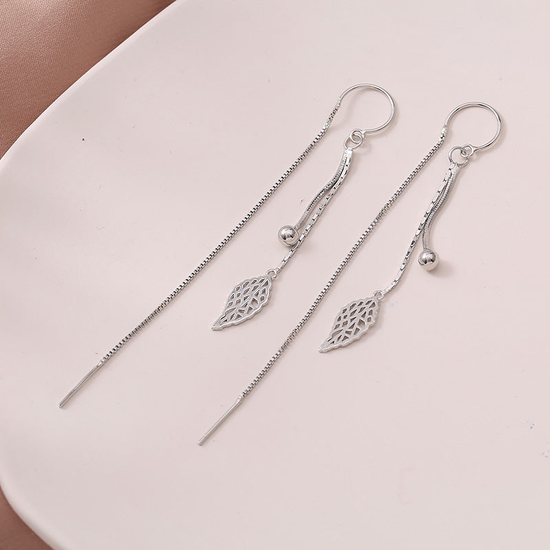 1 Pair 999 Sterling Silver Hollow Leaf Long Tassel Threader Earrings, Minimalist & Elegant, Perfect For Daily, Dating & Business, Ideal Valentine's Gift