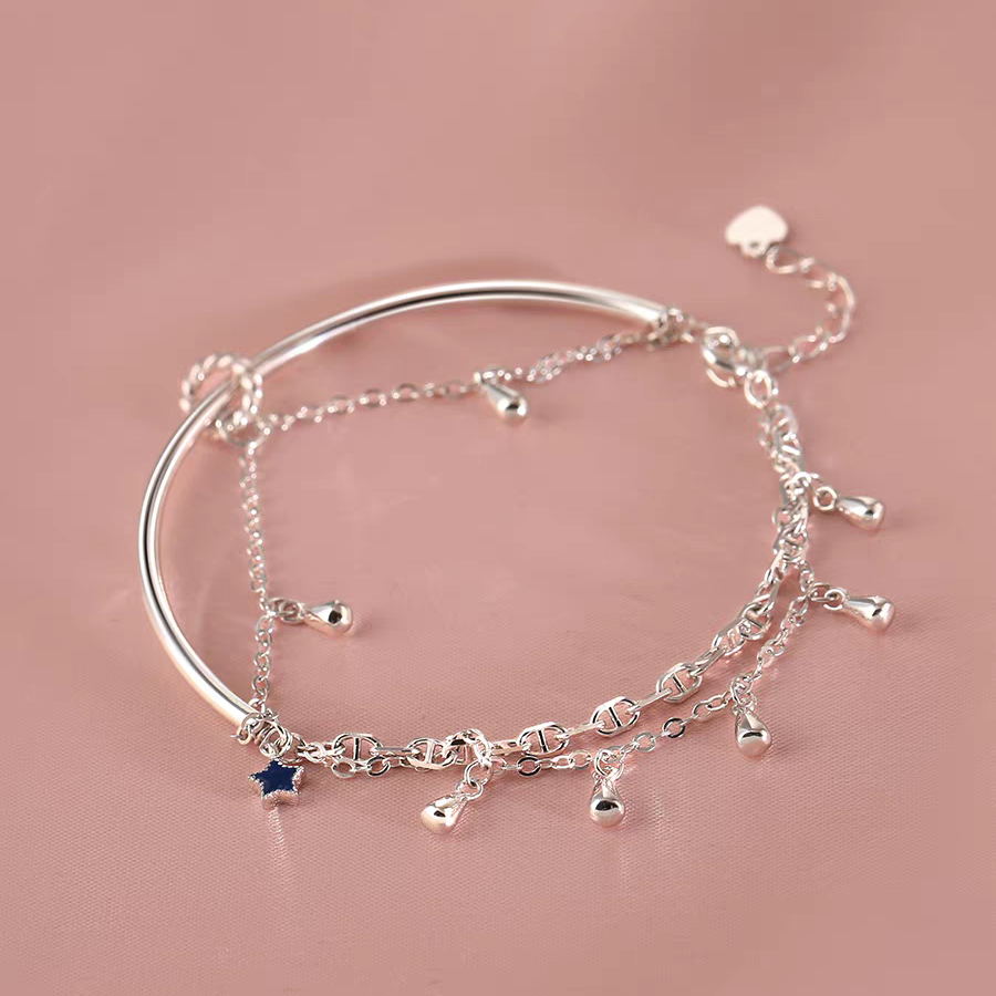 1pc 999 Sterling Silver Double-Layer Tassel Star Half-Bangle Bracelet, Trendy Style, Perfect For Daily Wear & Valentine's Gifts
