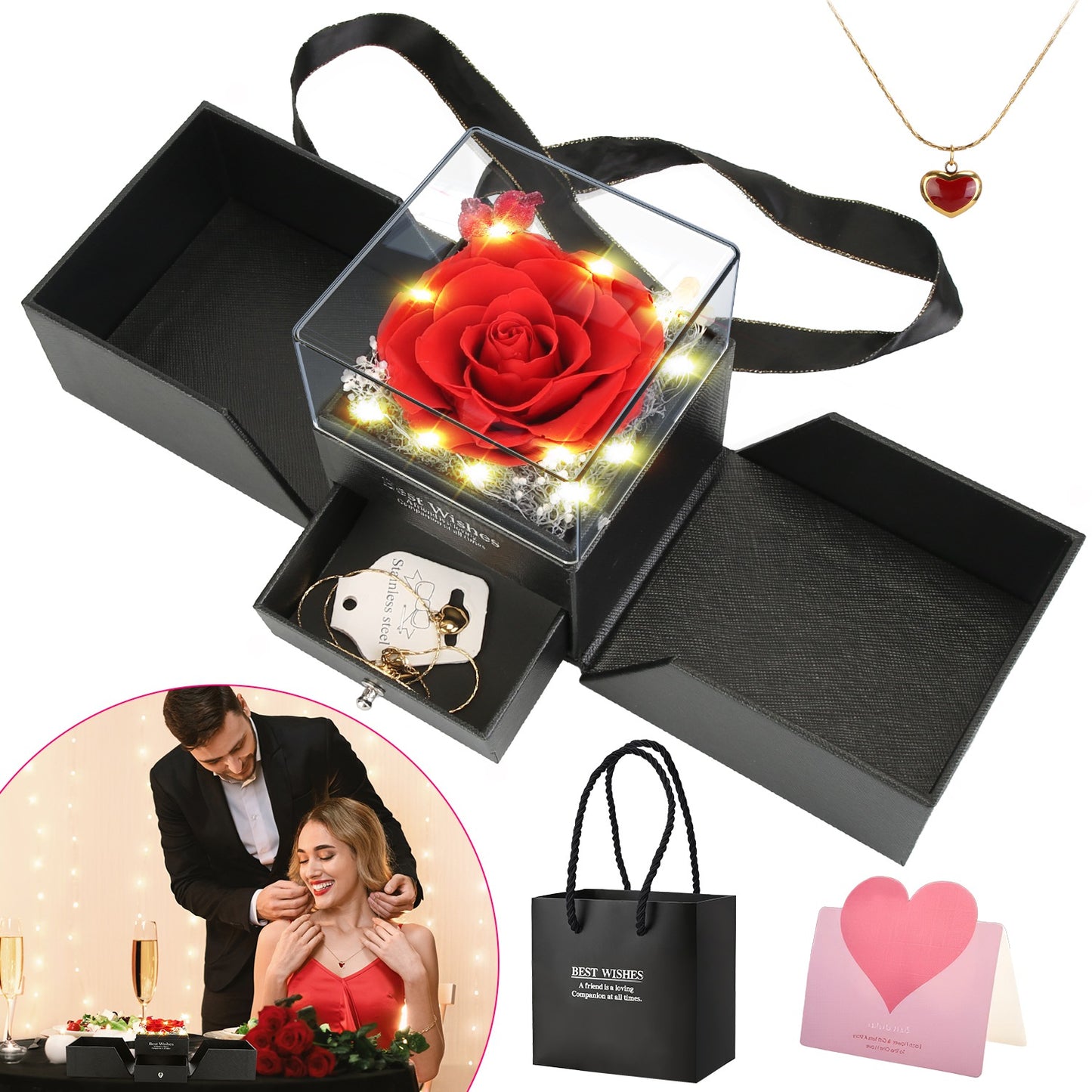 1Pc Preserved Red Real Rose With Heart Necklace Eternal Flowers Rose With Golden Necklace Gifts For Women Mom Wife Girlfriend Grandma On Valentine Mother Day Christmas Anniversary