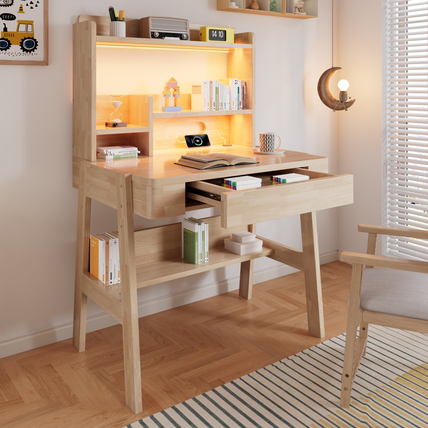 Children's Table, Height-adjustable Children's Desk Made Of Solid Wood, Natural Color, With LED Light Strip, USB Port, Drawer & Storage Space, Child-friendly, For Children Aged 6 And Up