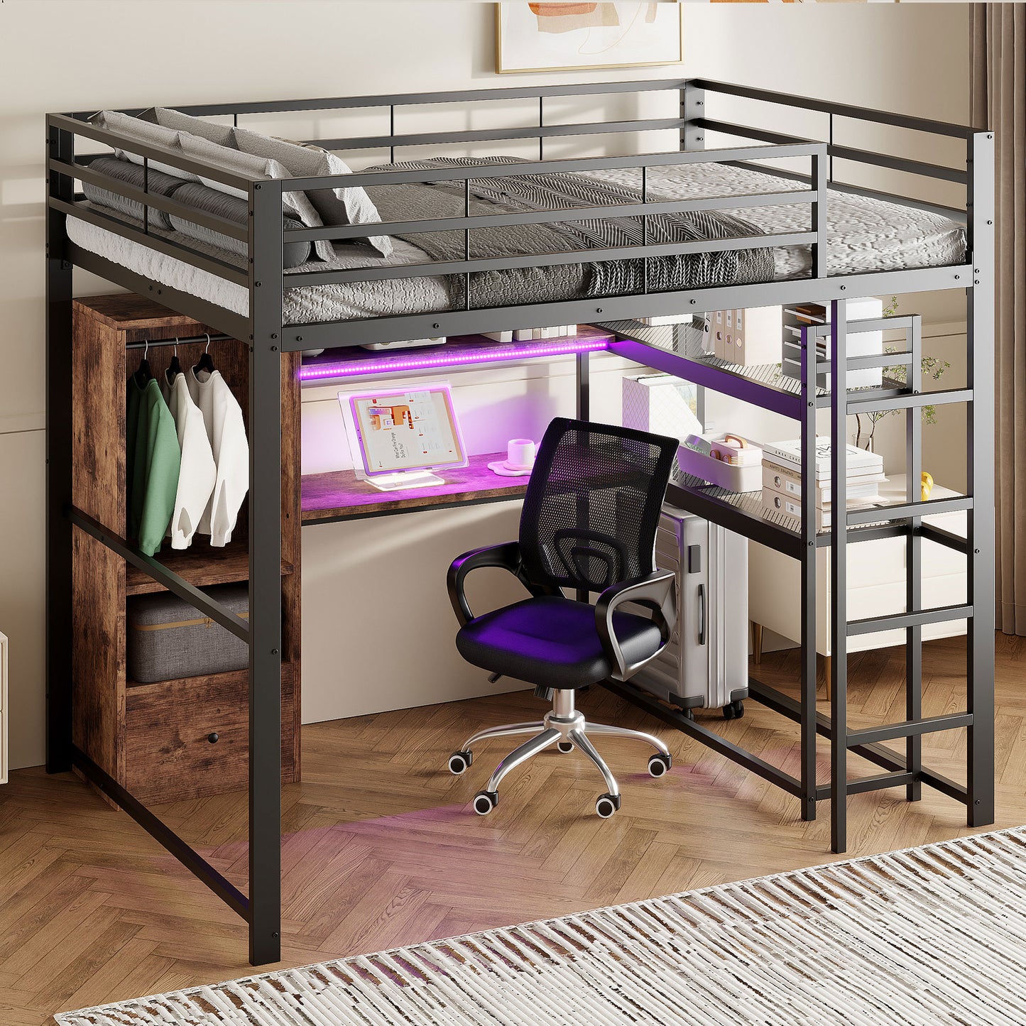 Loft Bed, 140x200cm , Metal Bed, With LED Lights, Desk, 1 Drawers, Shelves, Railings, Stairs, Without Mattress, Black
