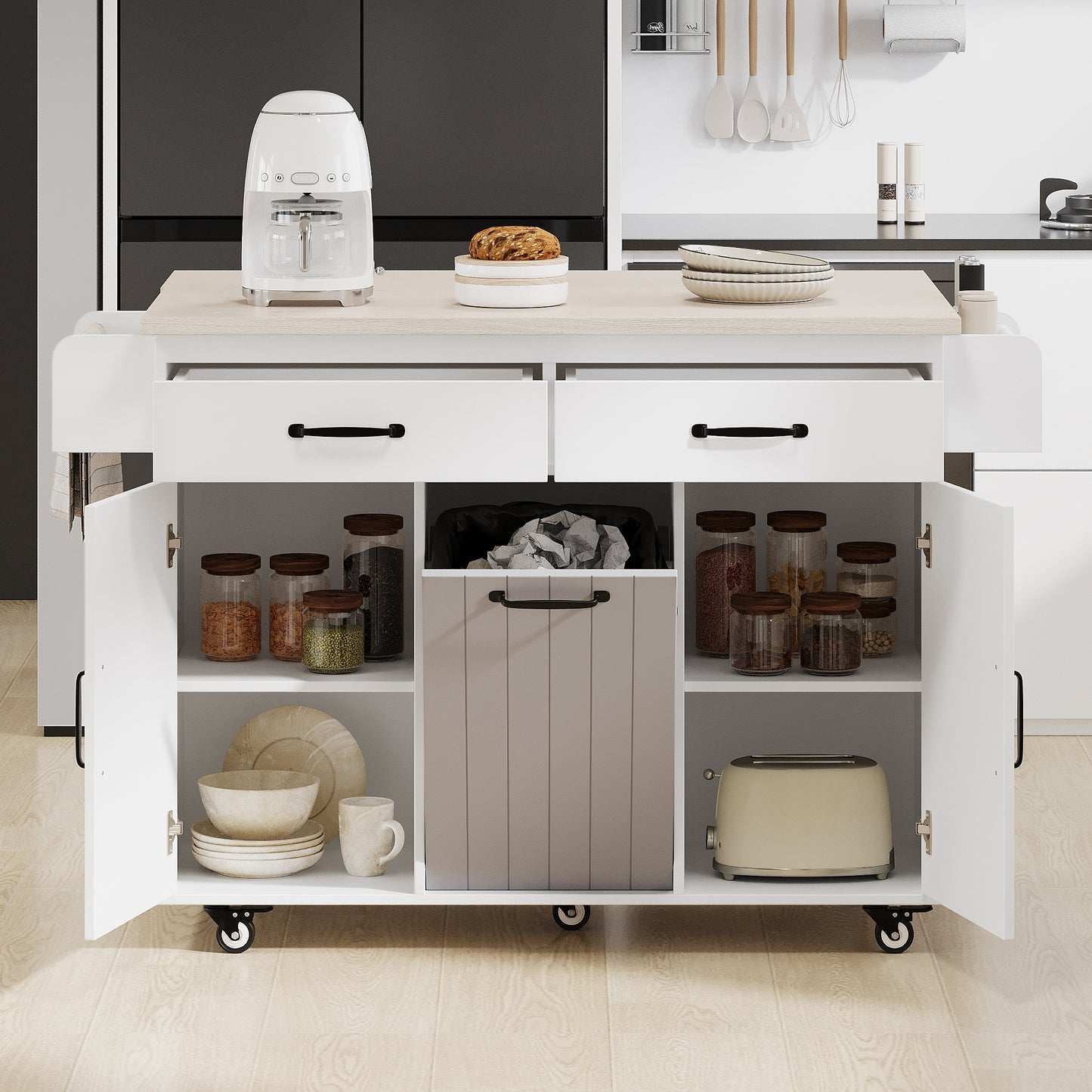 K&K Kitchen Island With Trash Can Storage Cabinet, Kitchen Cart With Drop Leaf, Spice Rack, Towel Rack And Drawer, Rolling Kitchen Island On Wheels With Adjustable Shelf, White
