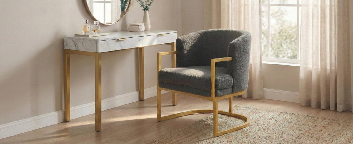 Modern Accent Chair Cozy Armchair Upholstered Reading Chair with Gold Metal Frame Living Room, Bedroom, or Office, Grey