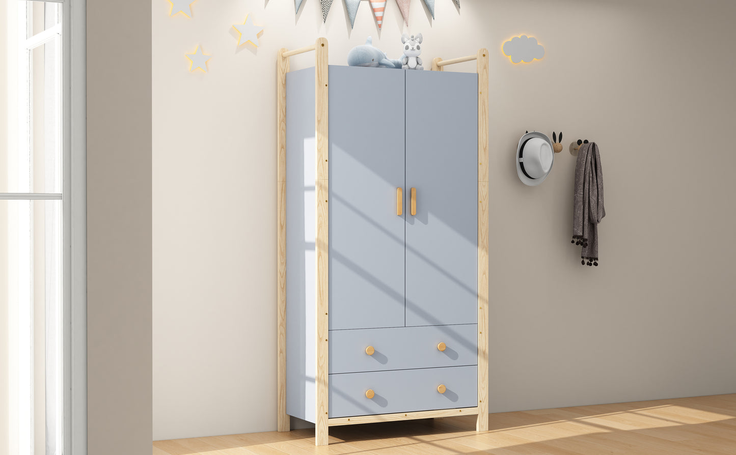 2-door Wardrobe, Wardrobe With Clothes Rail, 2 Drawers, Suitable For Bedroom, Living Room, Hallway Wardrobe, Made Of Chipboard, Blue Body  Pine Frame, 90X45X180cm