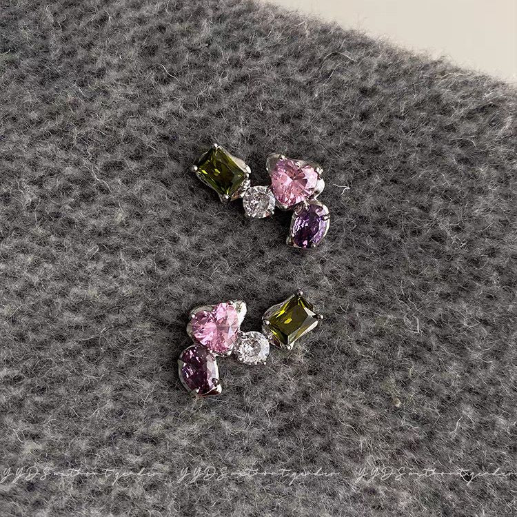 Exquisite Geometric Colorful Zircon Stud Earrings, Light Luxury High-End Dopamine Sweet Personalized Fashion Ear Jewelry For Women