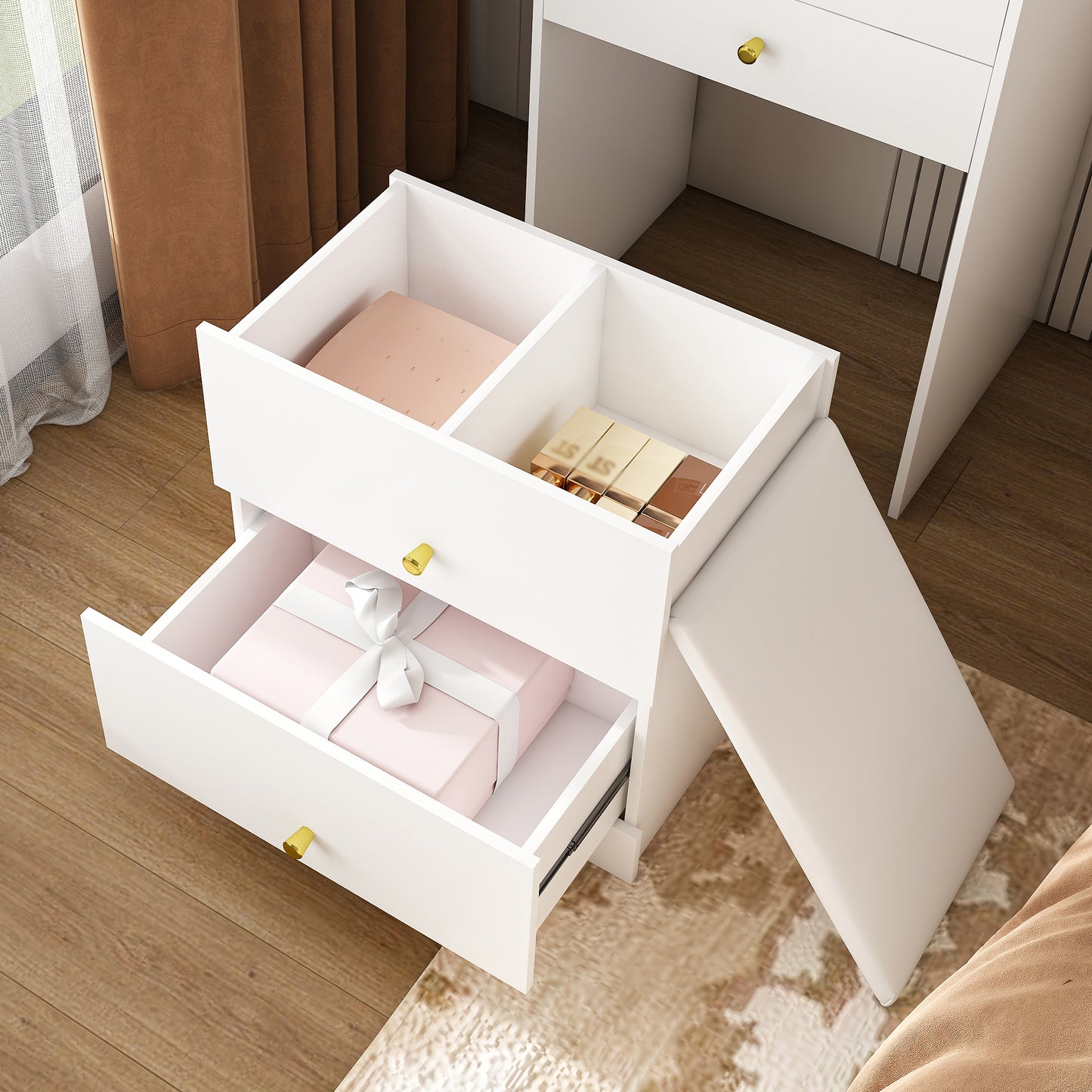 3-in-1 Dressing Table With LED Mirror & Storage Stool - Compact Makeup Vanity With 4 Drawers  Storage Cabinet & Hidden Stool  White Density Board Design  Open Bookshelf For Bedroom Organization