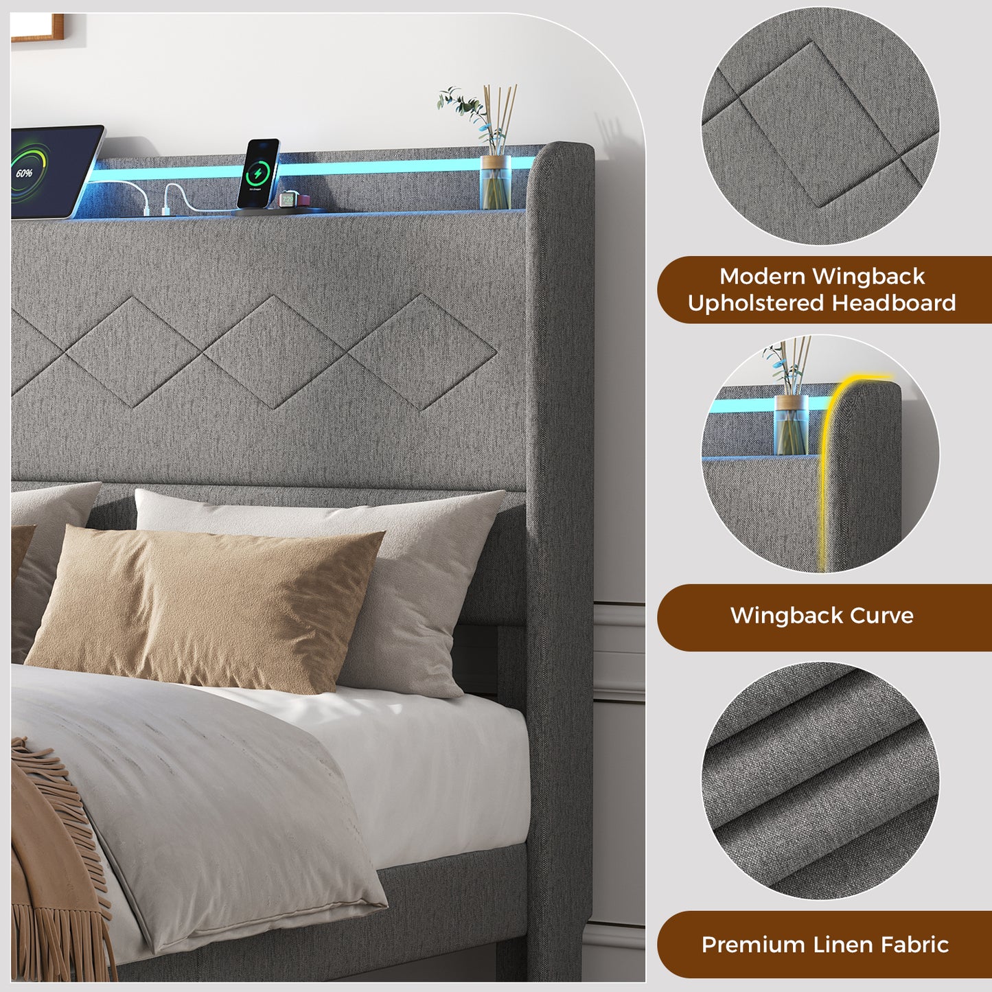 A Double Bed Frame With Adjustable Headboard, Equipped With 3 USB Charging Ports, LED Light Strips And Bluetooth Controller