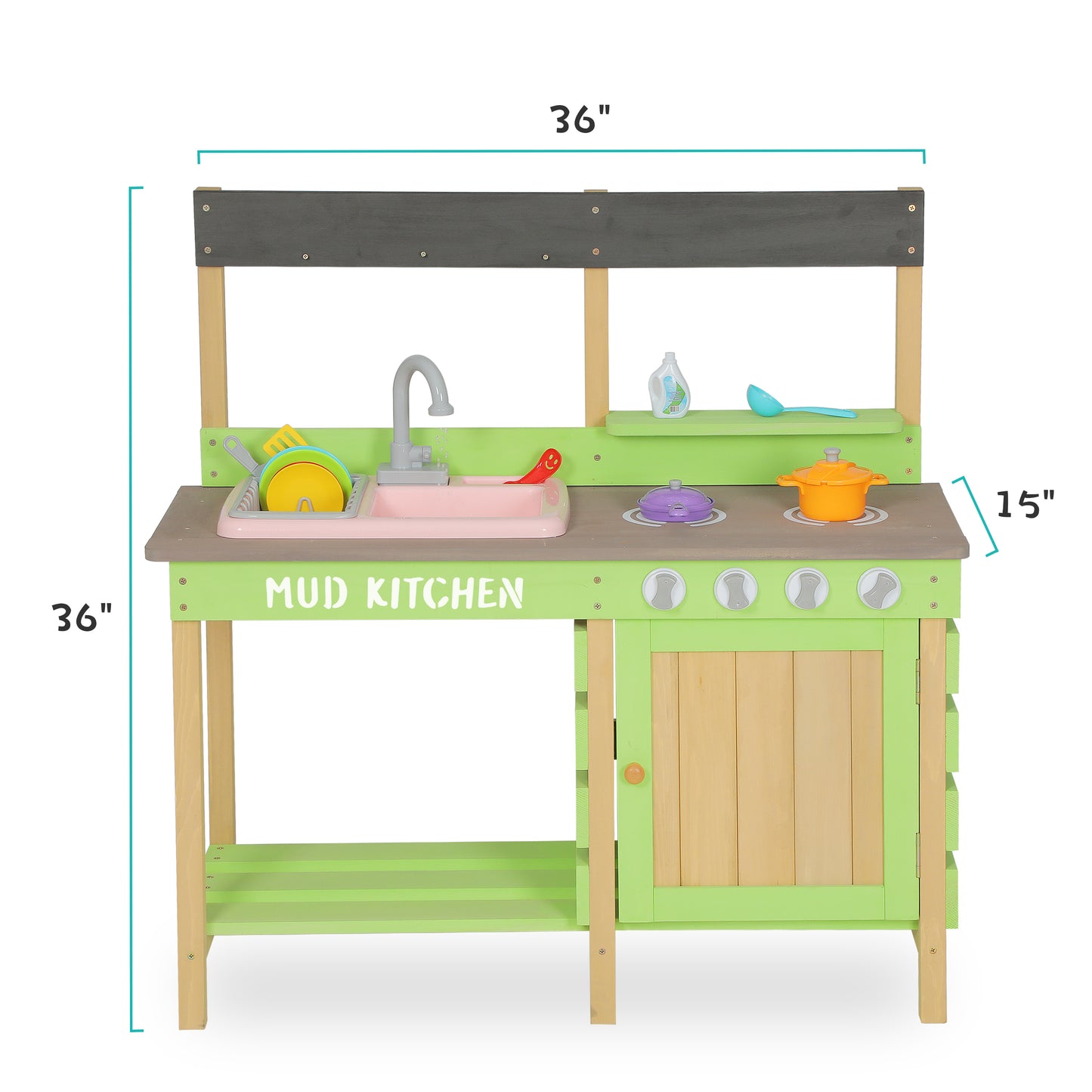 Kids Play Kitchen, Wood Mud Kitchen With Water Play Set & Cooking Toys For Outdoor, Gift For 3-8