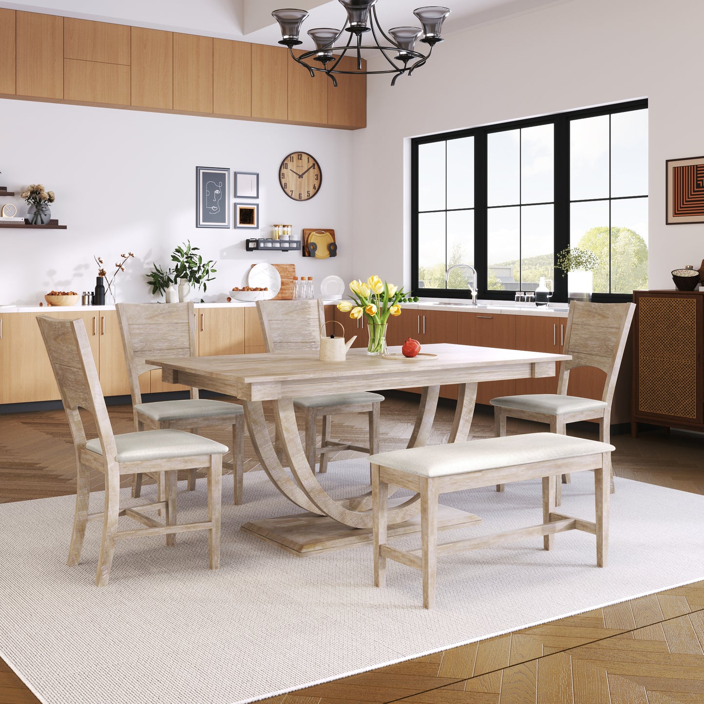 TOPMAX 6-Piece Wood Half Round Dining Table Set Kitchen Table Set With Long Bench And 4 Dining Chairs, Modern Style, Seadrift
