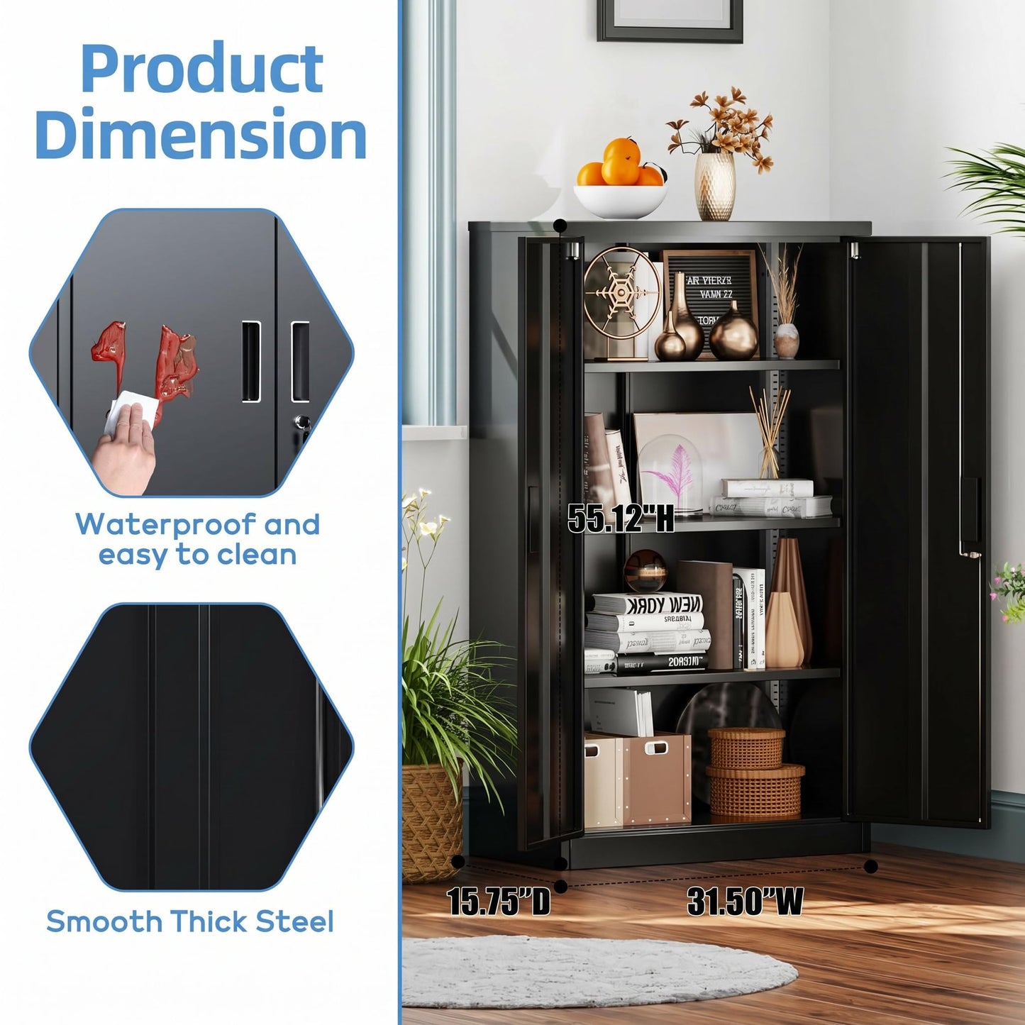 Metal Garage Storage Cabinet, Lockable Steel Storage Cabinet With 3 Adjustable Shelves For Garage, Office, Home, Assembly Required, Black