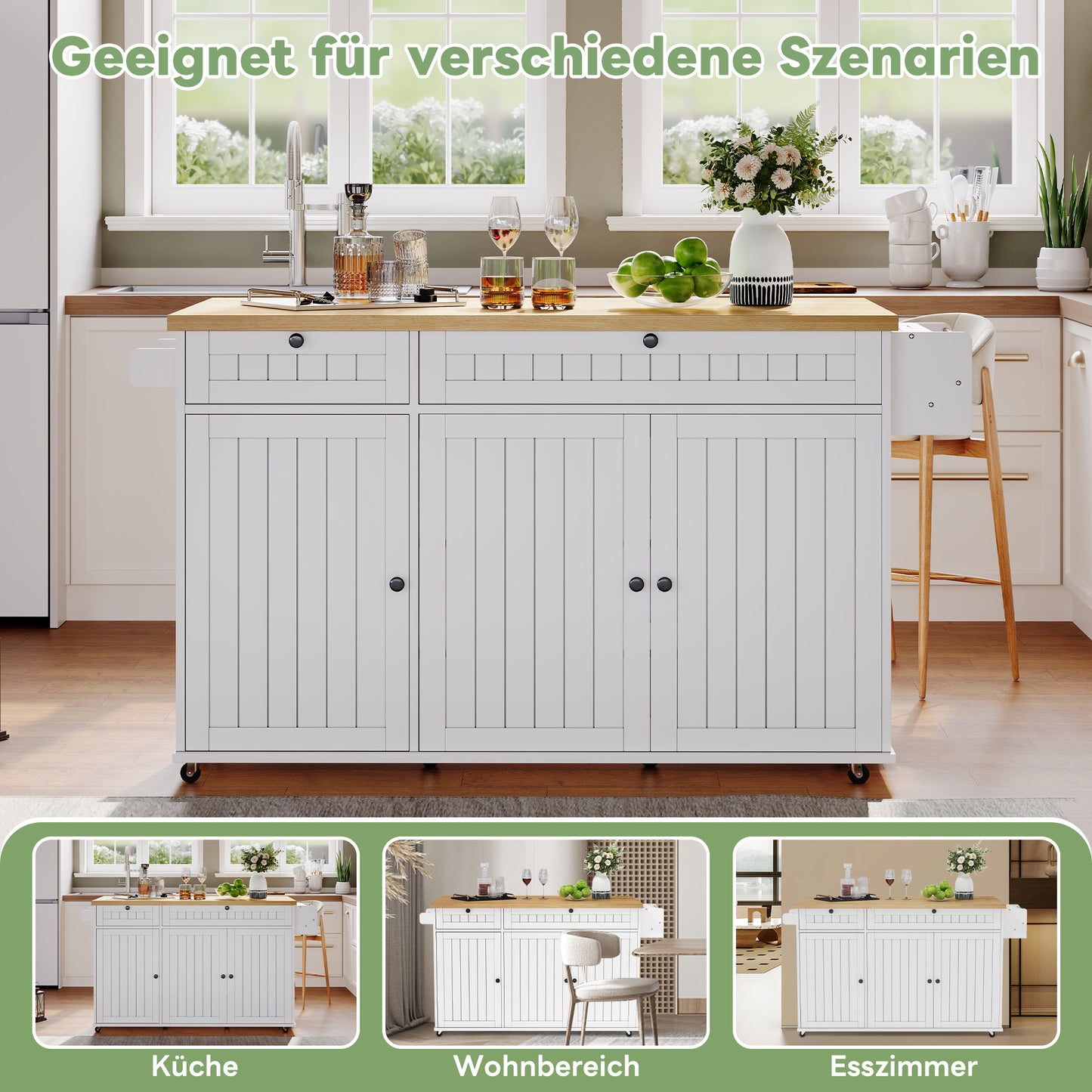 Kitchen Island With Folding Worktop, Kitchen Cabinet On 6 Lockable Castors, With Shelf, Door Shelf, 2 Large Drawers And Cabinet, White, 137 X 89.5 X 45 Cm