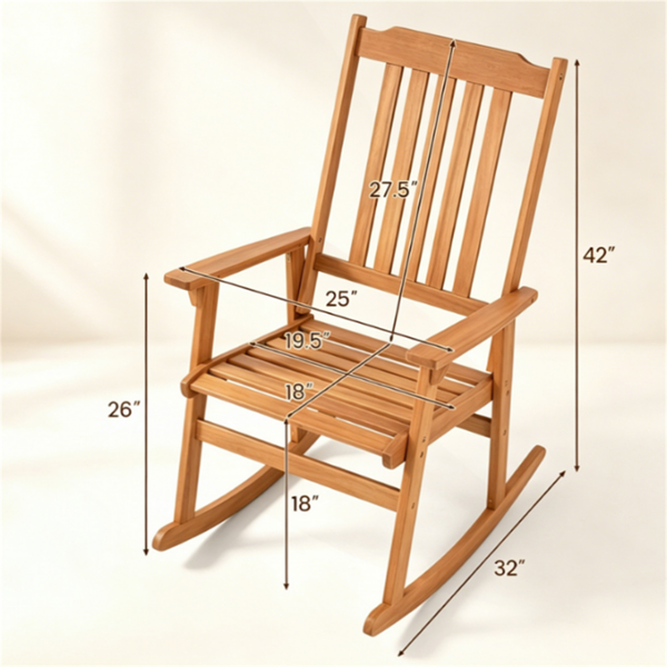 Solid Acacia Wood Outdoor Rocking Chair, Heavy Duty 400LBS Capacity Porch Rocker With Slatted Back For B Ackyard Deck Garden