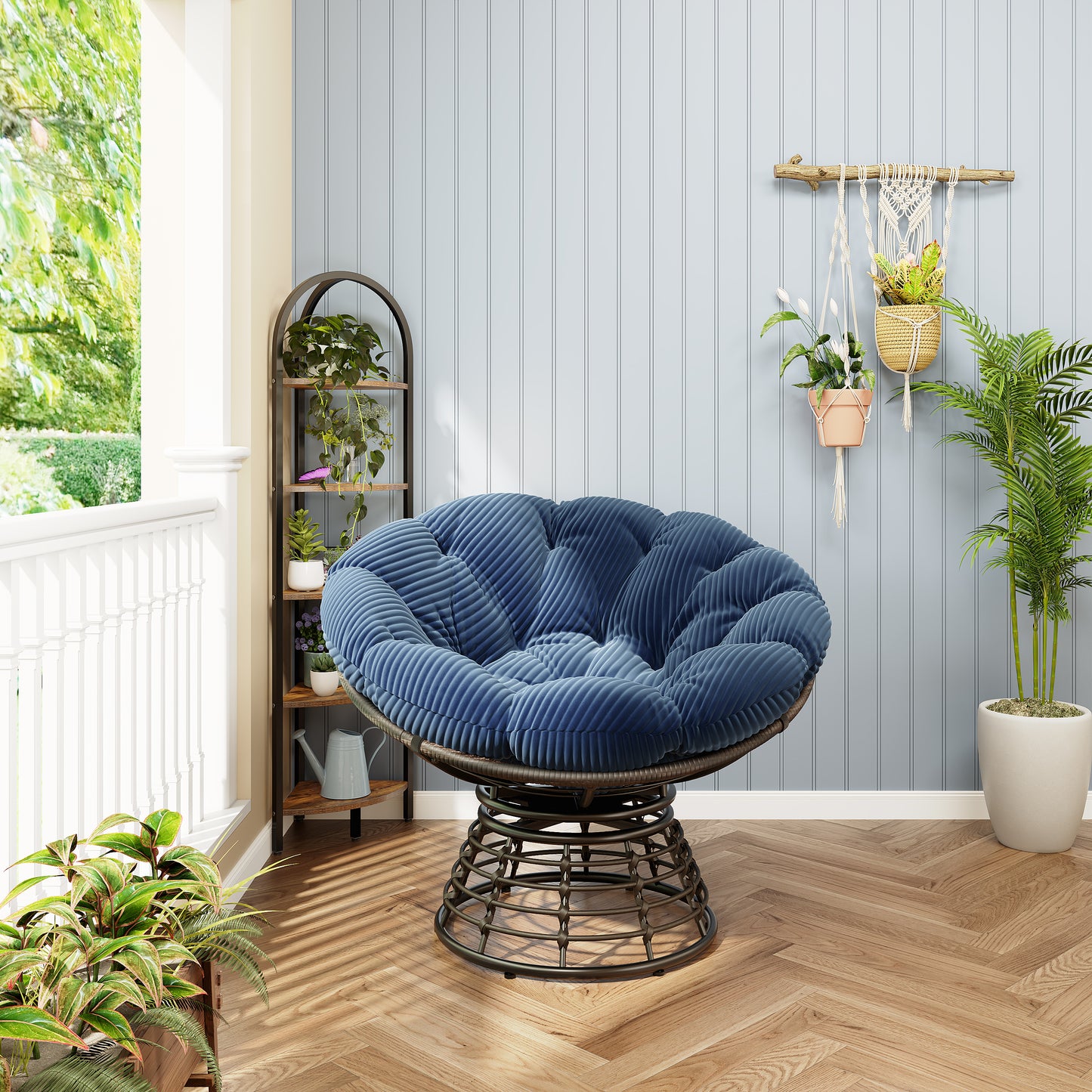 Comfortable Ergonomic Wicker Papasan Chair, 360 Swivel Indoor Outdoor Rattan Chair With Soft Thick Cushion, Ideal For Living Room, Bedroom, Reading Room, Brown Frame With Navy Blue Cushion  Comforta