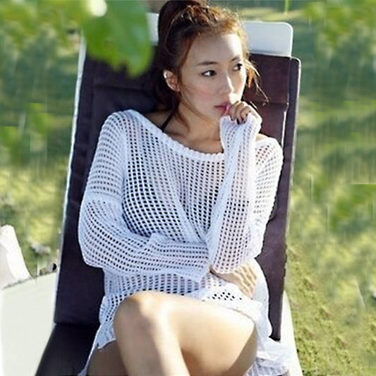 Korean-style Hollow Mesh Knit Bikini Swimsuit With Slit Beach Cover-up
