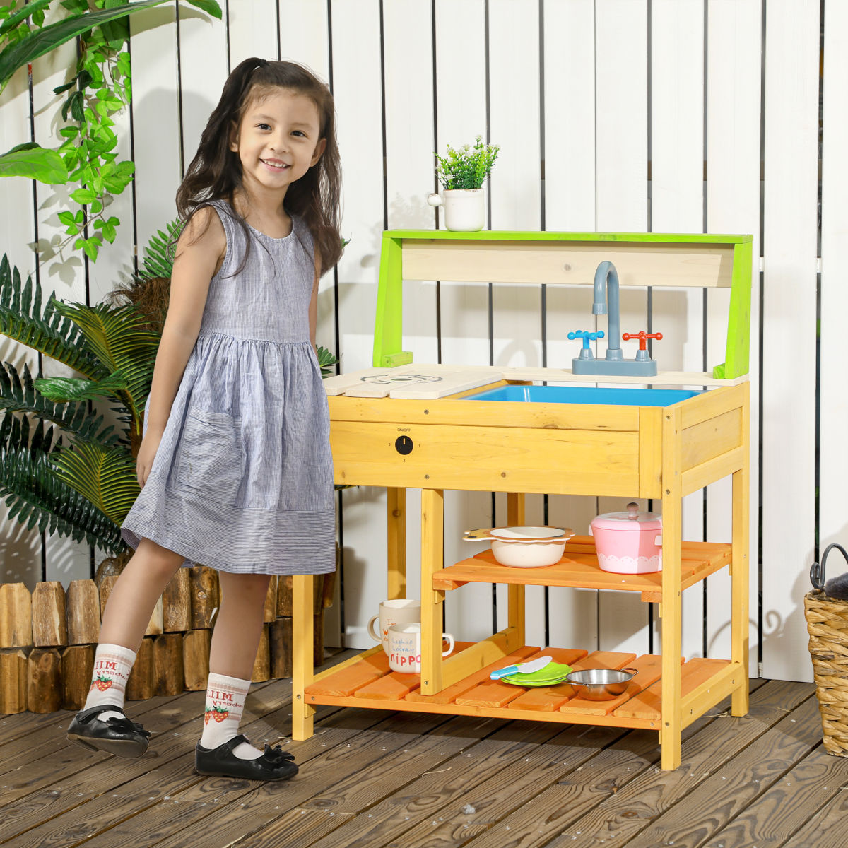 Mud Kitchen for Kids Outdoor Kitchen Playset w/ Realistic Kitchen Toys, Faucet Sink Storage Shelves for Ages 3-8 Years