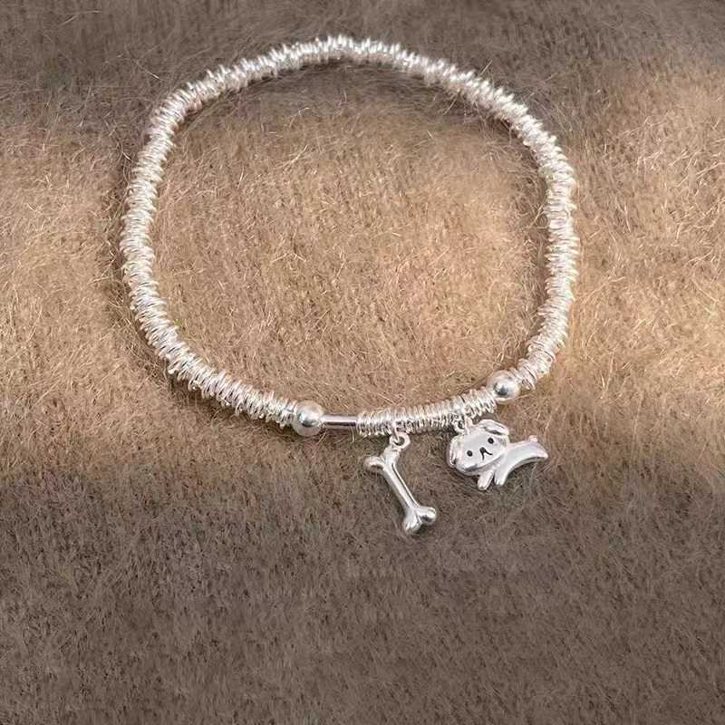 1pcs 925 Sterling Silver Coiled Wire Slide Bracelet With Puppy & Bone Charms, Cute Sweet Style, For Daily Casual Wear & Women Holiday Gifts