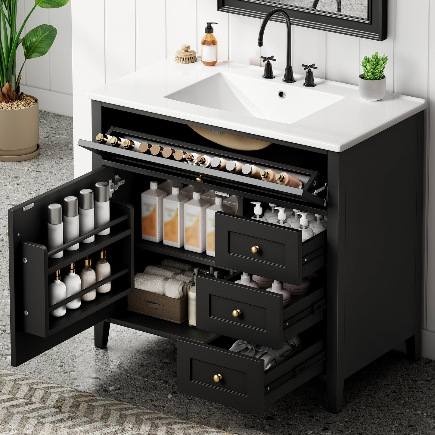 36-Inch Black Bathroom Vanity With Sink, Modern MDF And Rubberwood Cabinet With 3 Drawers And Adjustable Shelf, Freestanding Vanity For Bathroom Storage And Organization Left Door