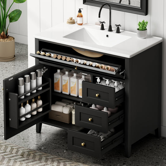 36-Inch Black Bathroom Vanity With Sink, Modern MDF And Rubberwood Cabinet With 3 Drawers And Adjustable Shelf, Freestanding Vanity For Bathroom Storage And Organization Left Door