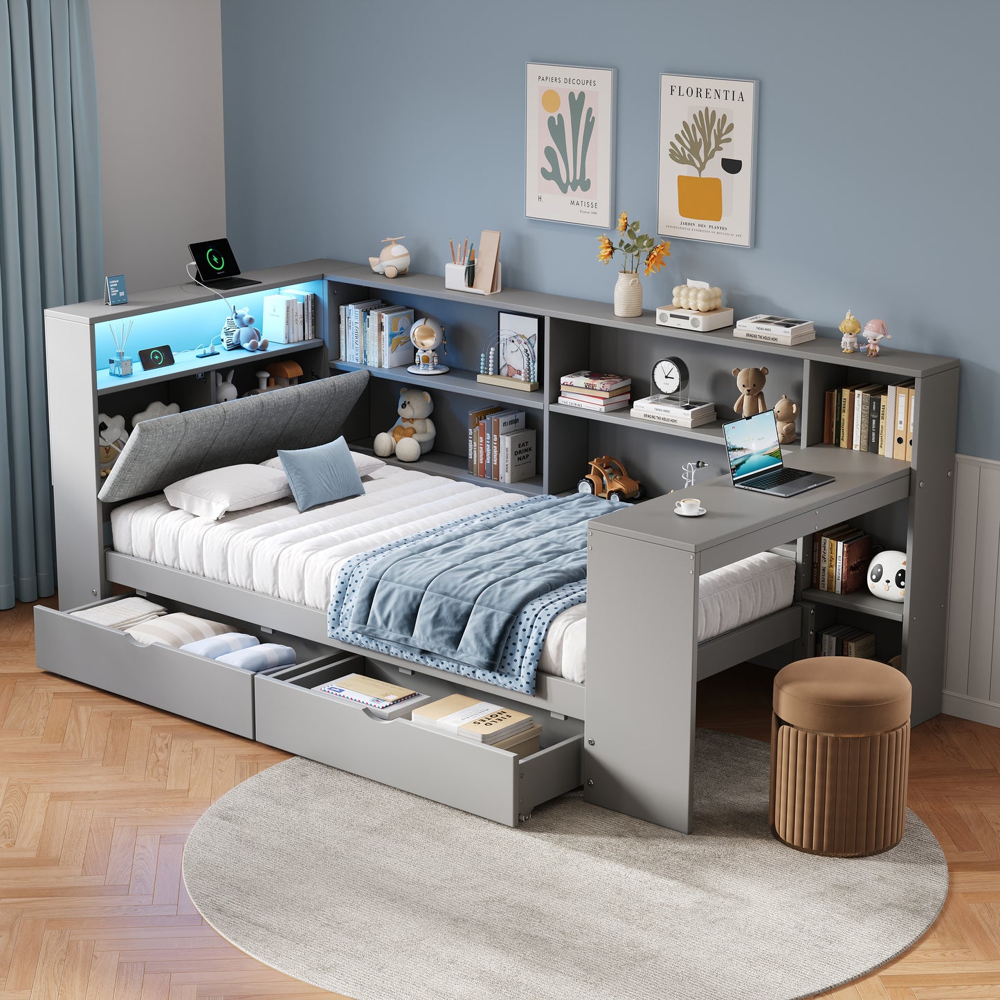 3ft Single L-Shape Daybed With Storage Drawers And Bookcase Storage, LED Linen Concealed Headboard Storage With Charging Station, Wood Bed For Living Room Bedroom Study Room, Grey  No Mattress
