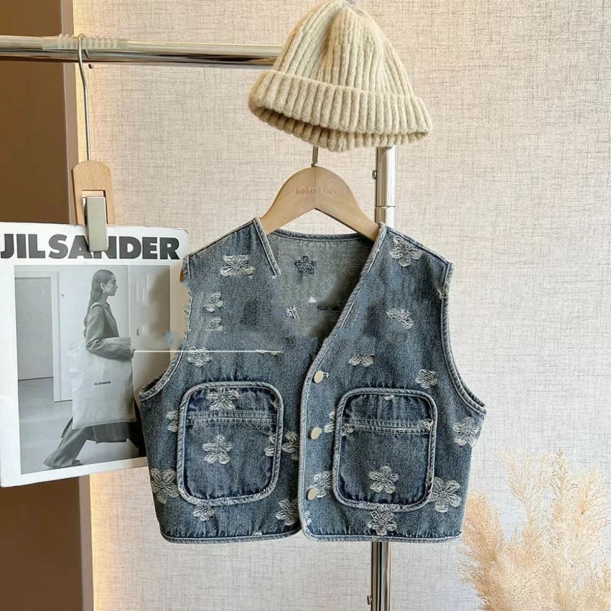 New Korean-style Retro Washed Embroidered Denim Vest Floral Shirt And Pants Set