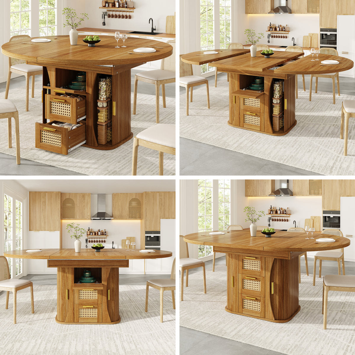 Extendable Dining Table With Storage, 118-158cm Table With Rattan Drawers, MDF Wood Look, Black  Natural Wood  Brown