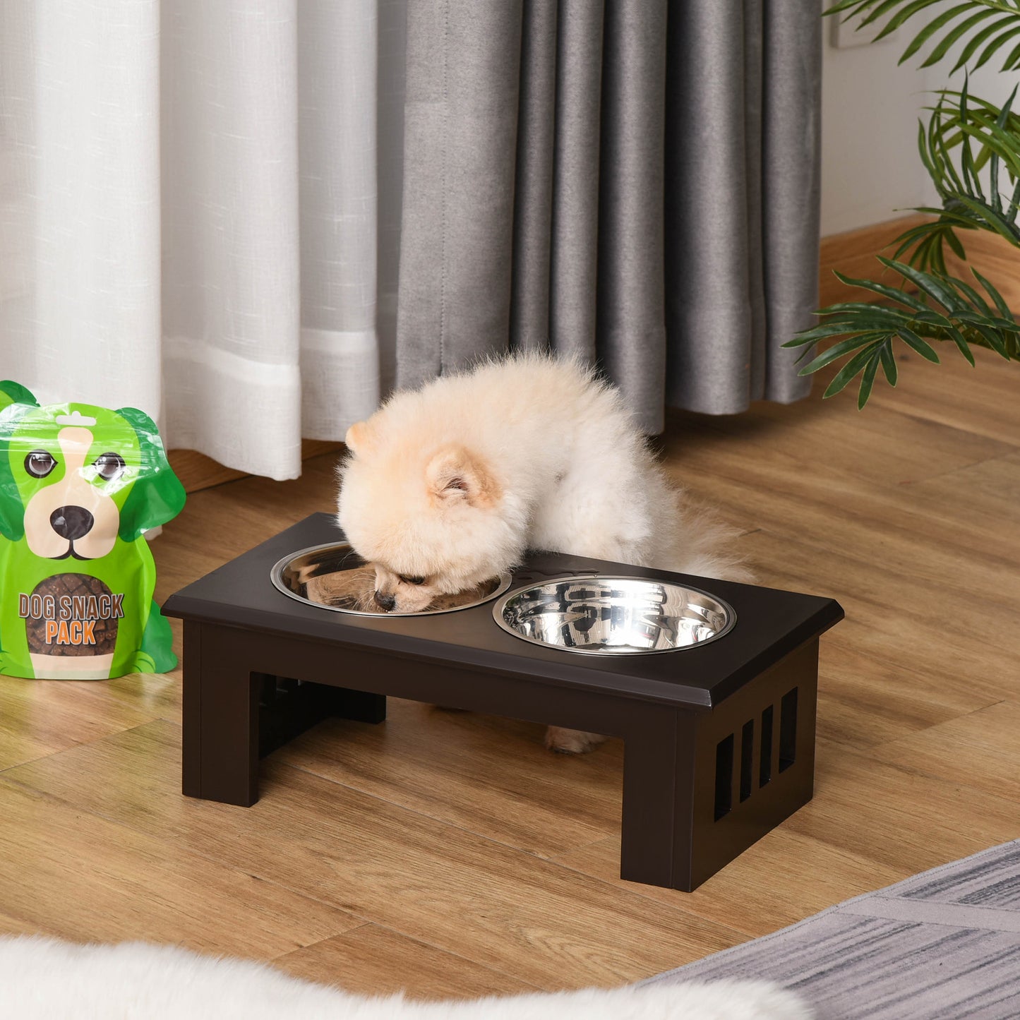 PawHut Raised Dog Feeding Bowls With Stand, Stainless Steel For Medium Dog, 58L X 31W X 25H Cm - Brown
