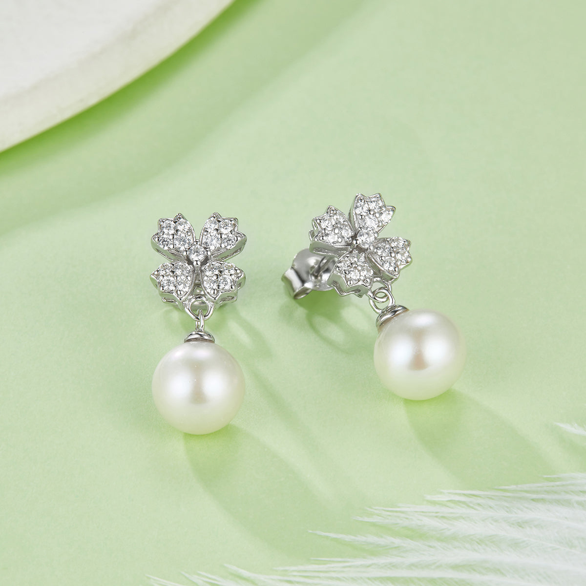 S925 Sterling Silver Natural Freshwater Pearl Dangle Earrings, Clover Pave, Round Teardrop Pearl, Platinum Plated, 2g, Gift Box