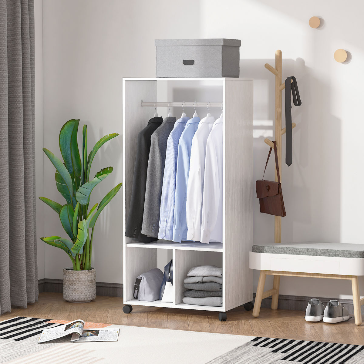 Open Wardrobe On Wheels, Bedroom Wardrobe With Clothes Hanging Rail, 2 Storage Shelves, Mobile Garment Rack For Cloakroom, Hallway, White
