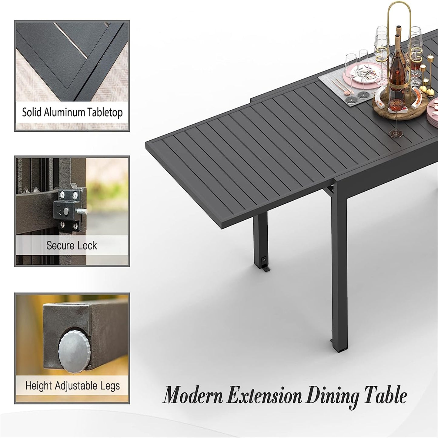 Patio Dining Expandable Table, Metal Aluminum Outdoor Table For 6-8 Person Rectangular Table For Garden Lawn Porch Bistro  Black,1 Table