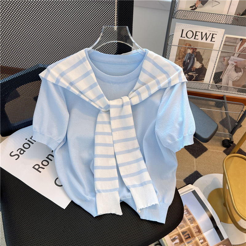 Short-sleeved Knit Top With A Chic Korean-style Faux Two-piece Shawl