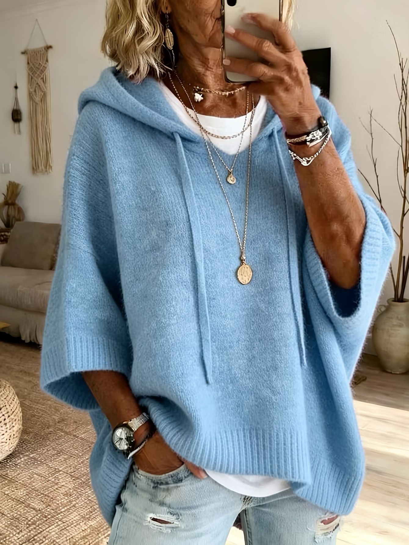 New Knitted Hoodie With Drawstring, Loose Fit Outerwear Sweater