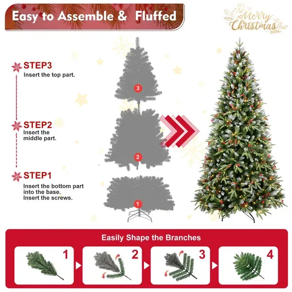 Artificial 7ft Green LED-lit Christmas Tree With 2178PE/PVC Mixed Branch Tips,Red Fruit And Pine Cone,Hinged Premium & Foldable Base For Indoor Holiday Decorating