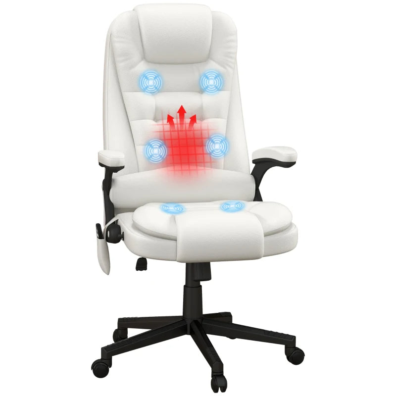 Massage Office Chair, Heated Reclining Computer Chair With 6 Vibration Points, Armrest And Remote, White