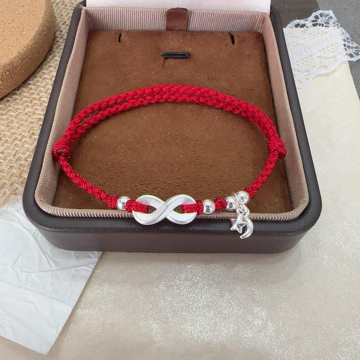 1pcs 999 Sterling Silver Infinity Star Moon Charm Double Red Rope Braided Bracelet, Elegant Chinese Style, For Daily Date Wear & Girlfriend Valentine Lucky Gifts