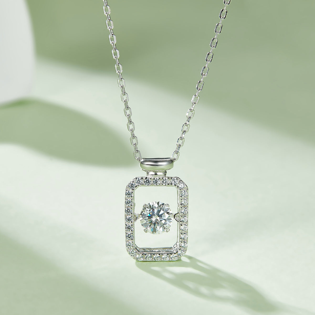 S925 Sterling Silver 0.5ct Rectangle Moissanite Necklace 45cm Platinum Plated Pave Border GRA Certified Gift Box