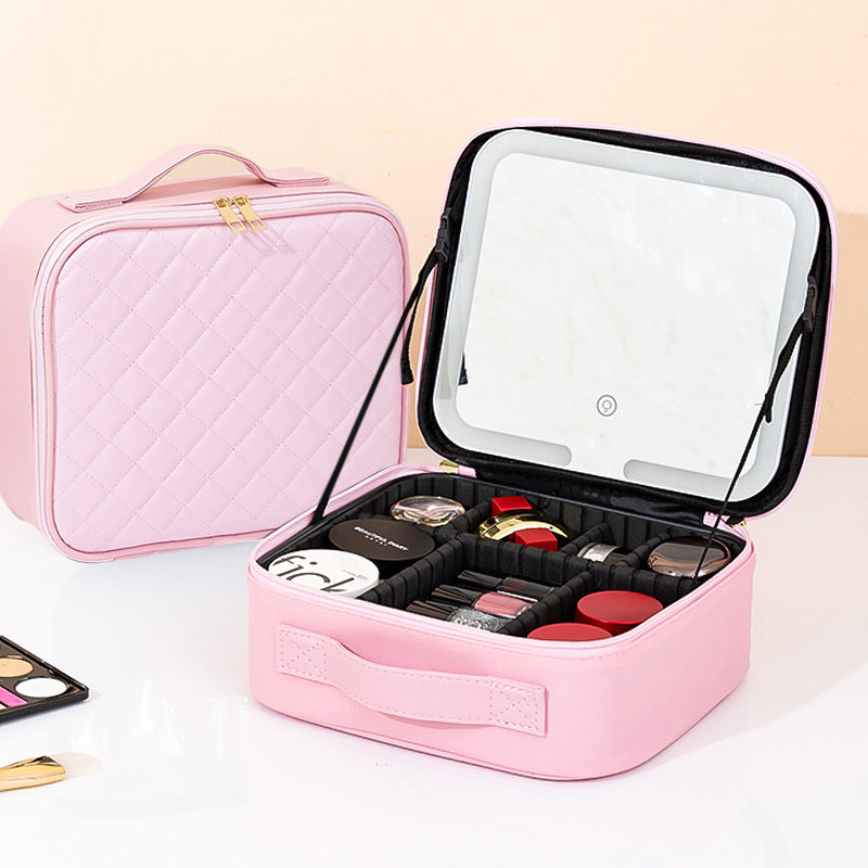 Makeup Bag With Mirror And Light Rechargeable PU Leather Travel Storage Box