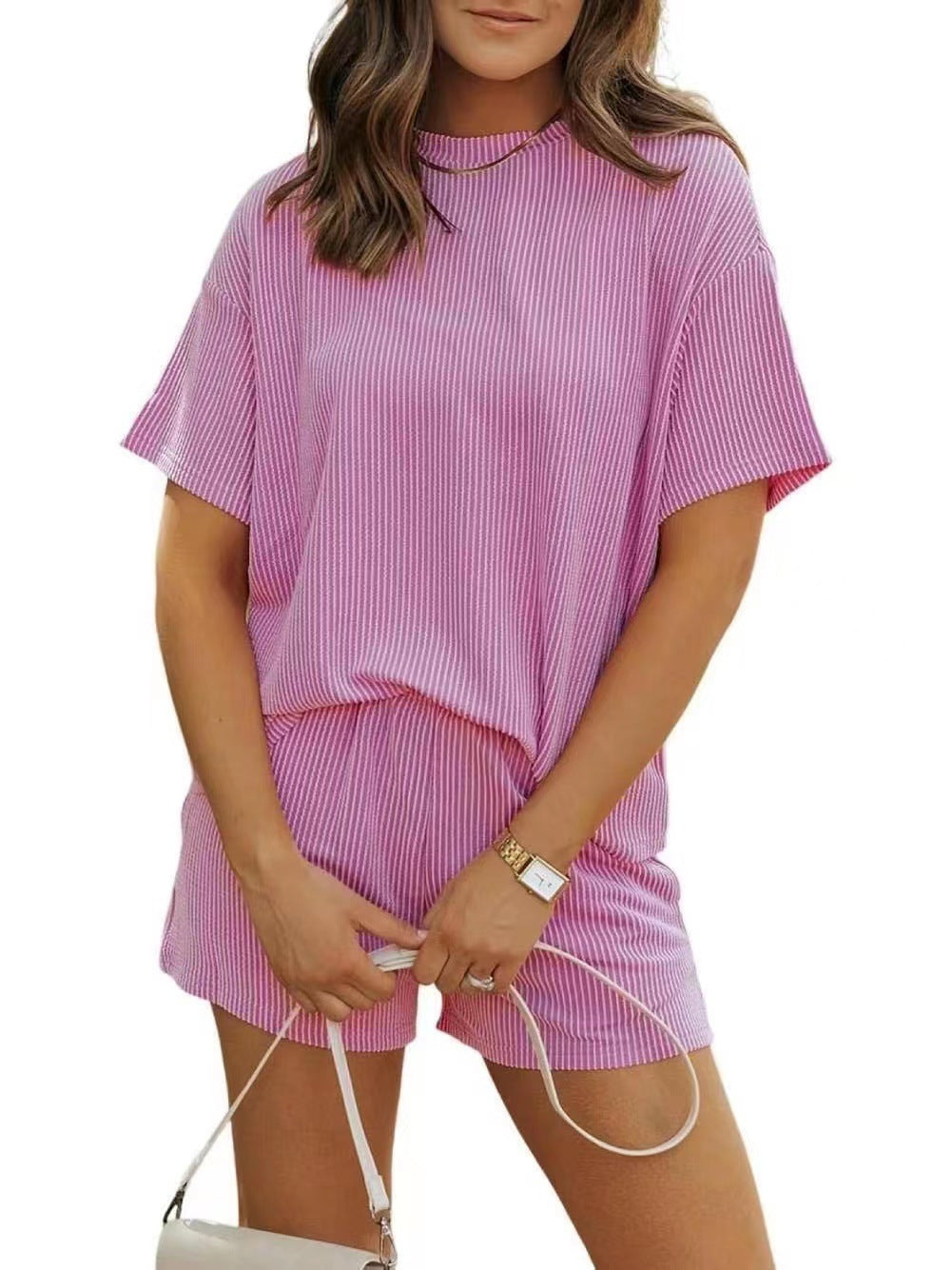 Summer Casual Chic Striped New Round-neck Womens Outfit Set