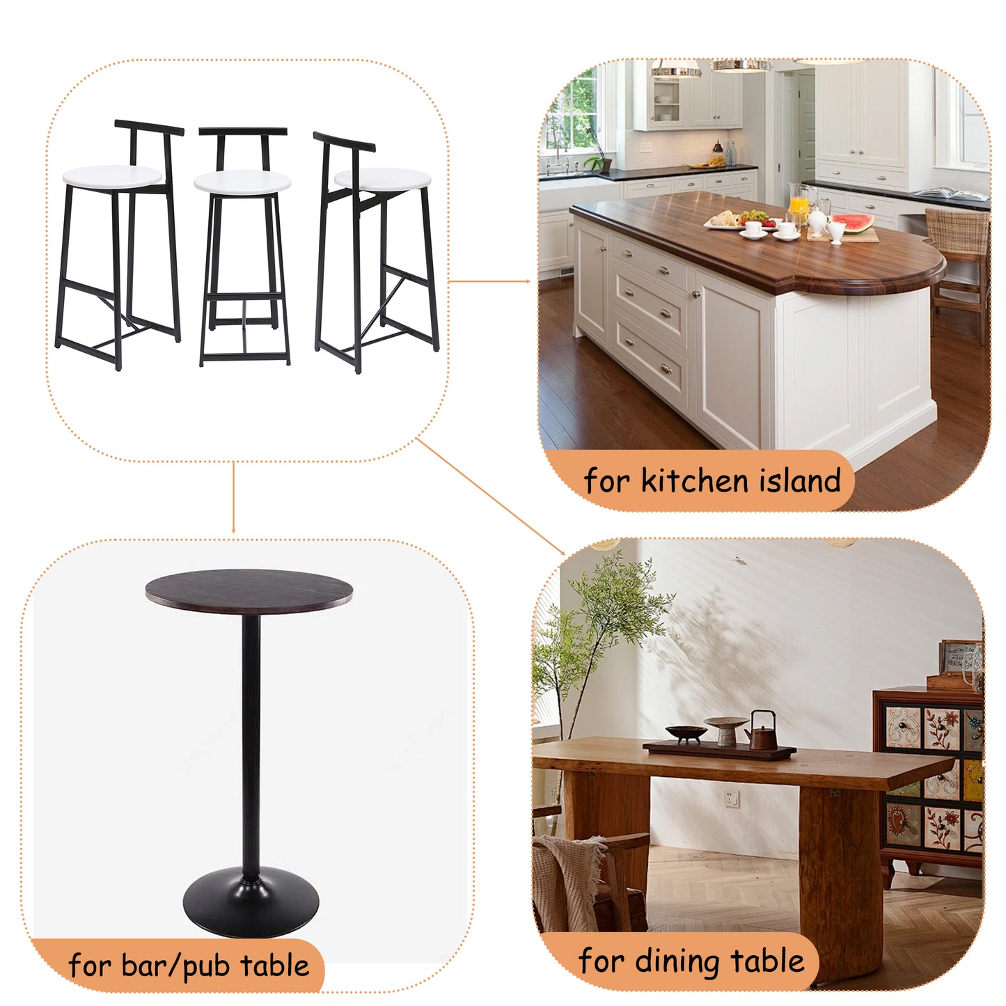 Bar Stools Kitchen Island Bar Chairs Set Of 3 Metal Counter Barstools With Backrest For Dining Pub Room  Black & White